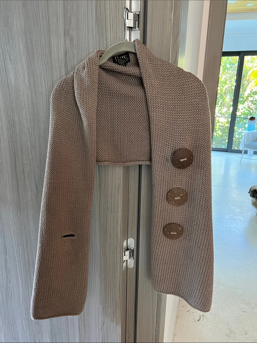 PURE HANDKNIT OS scarf taupe w/ coconut shell buttons 100% cotton